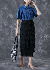 Vestido de fiesta de dos piezas con cintura elástica y volantes en azul denim fino